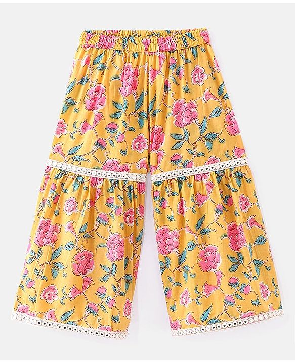 Babyhug Cambric Woven Short Sleeves  Kurta Gharara Set with Lace Detailing Floral Print - Yellow