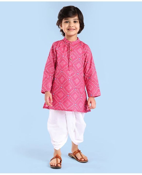Babyhug Cambric Woven Full Sleeves Bhandhni Printed Dhoti Kurta Set - Pink