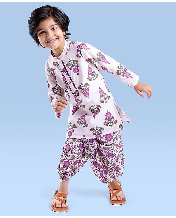 Babyhug Cotton Woven Full Sleeves Kurta Dhoti Set Floral Print - Cream