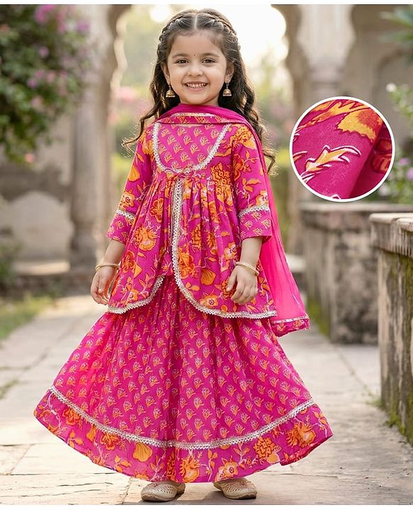 Babyhug Cambric Woven Three Fourth Sleeves Floral Printed Choli & Lehenga Set with Dupatta - Pink