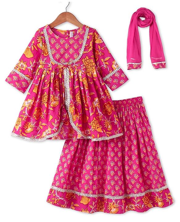 Babyhug Cambric Woven Three Fourth Sleeves Floral Printed Choli & Lehenga Set with Dupatta - Pink