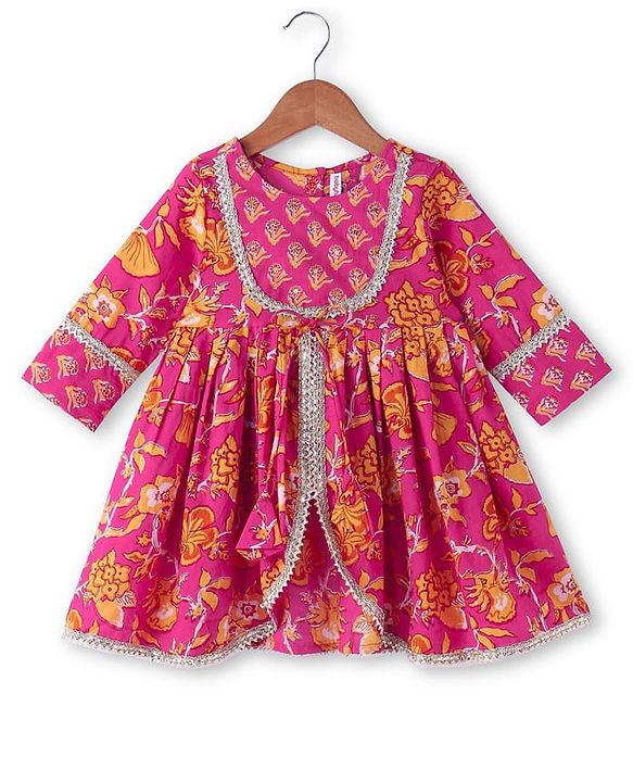 Babyhug Cambric Woven Three Fourth Sleeves Floral Printed Choli & Lehenga Set with Dupatta - Pink