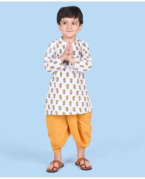 Babyhug Cambric Full Sleeves Floral Printed  Kurta & Dhoti Set - Off White