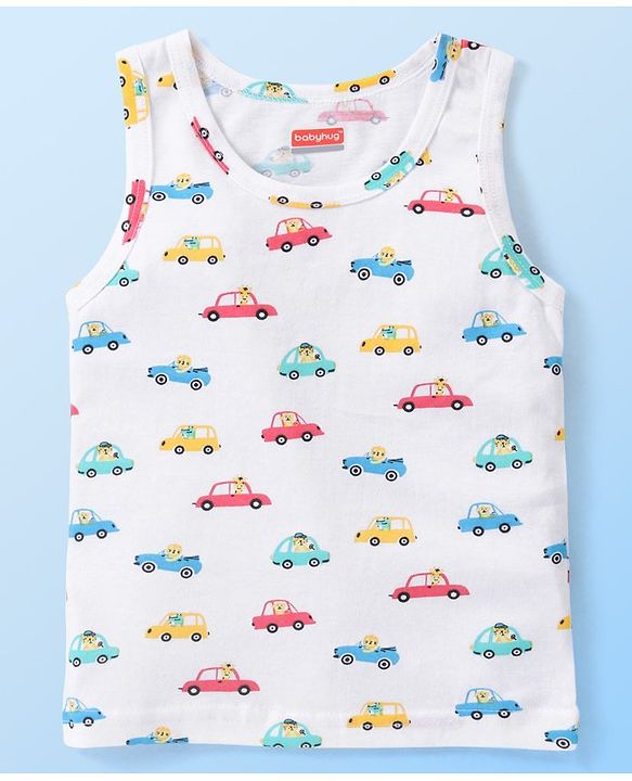 Babyhug 100% Cotton Knit Sleeveless Vests with Striped & Vehicle Print Pack of 3 - Multicolor