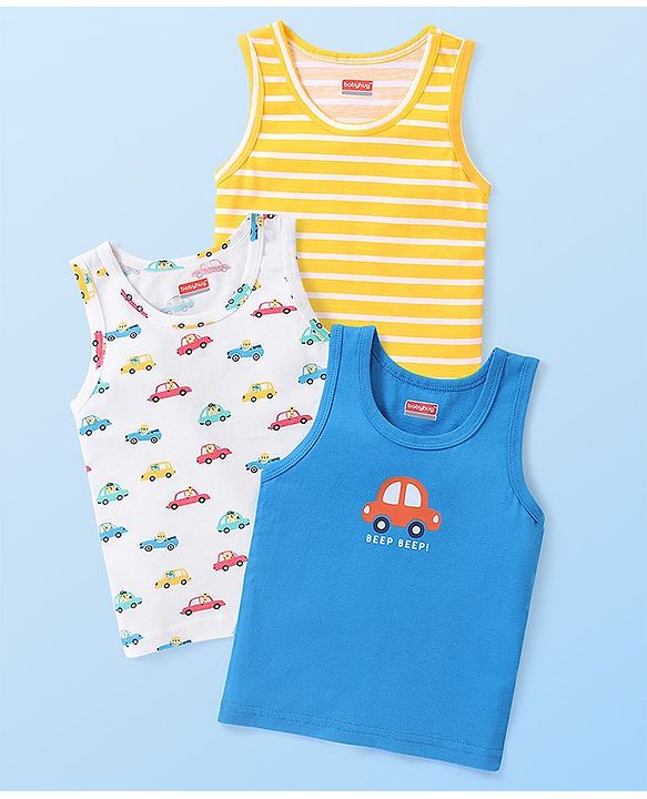 Babyhug 100% Cotton Knit Sleeveless Vests with Striped & Vehicle Print Pack of 3 - Multicolor