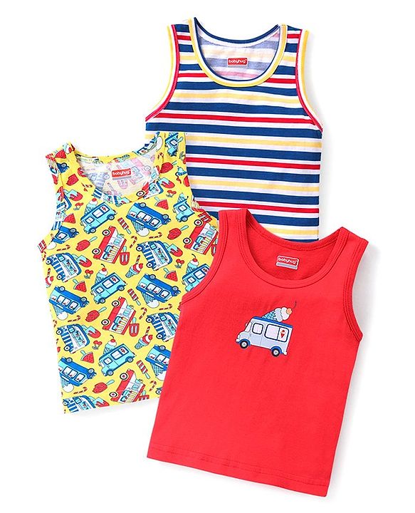 Babyhug 100% Cotton Knit Sleeveless Vests with Striped & Vehicle Print Pack of 3 - Multicolor