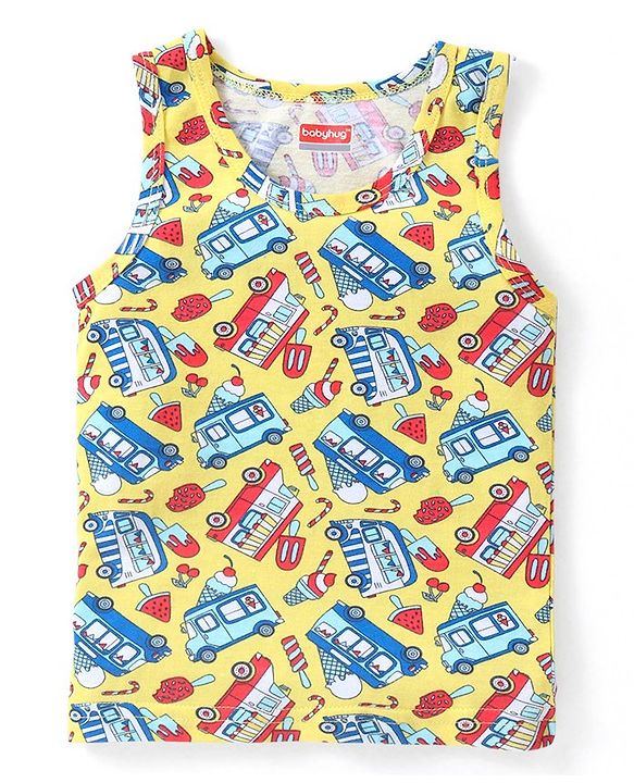 Babyhug 100% Cotton Knit Sleeveless Vests with Striped & Vehicle Print Pack of 3 - Multicolor