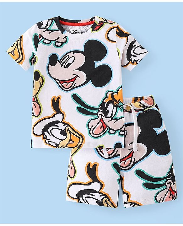 Babyhug Disney Cotton Knit Half Sleeves T-Shirt & Shorts Co-Ord Set With Mickey Mouse & Friends Print - White