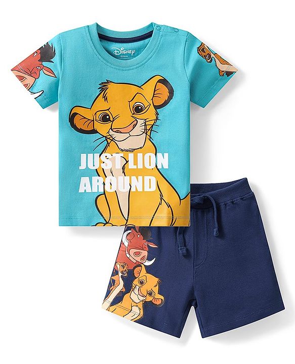 Babyhug Cotton Knit Half Sleeves T-Shirt & Shorts Set With The Lion King Graphics - Blue