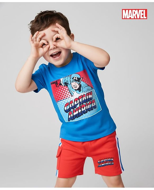 Babyhug Marvel Cotton Knit Half Sleeves T-Shirt & Shorts Set With Captain America Graphics - Blue & Red