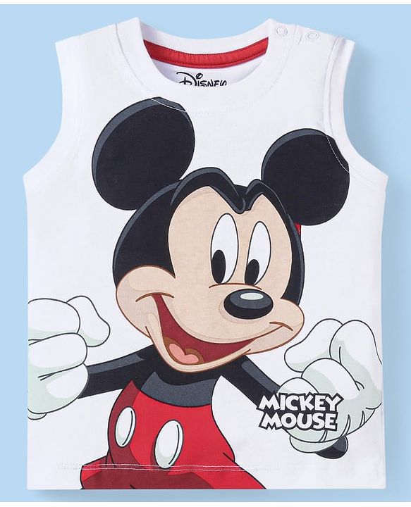 Babyhug Disney Cotton Knit Sleeveless T-Shirt & Shorts Set With Mickey Mouse Graphics - White & Red