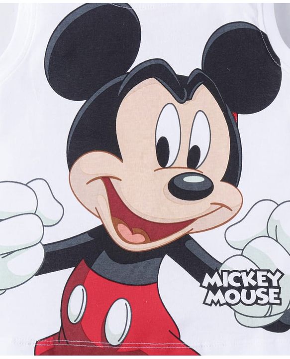 Babyhug Disney Cotton Knit Sleeveless T-Shirt & Shorts Set With Mickey Mouse Graphics - White & Red