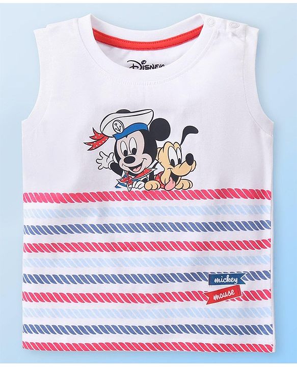 Babyhug Disney Cotton Knit Sleeveless T-Shirt & Shorts Set With Mickey Mouse Graphics - White & Red