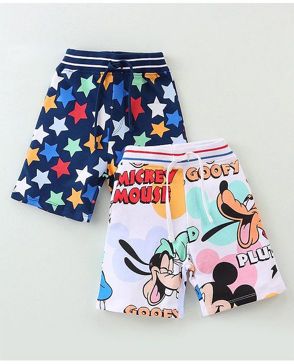 Babyhug Disney Cotton Terry Knit Knee Length Shorts With Micky Mouse & Star Print Pack of 2- Navy & White
