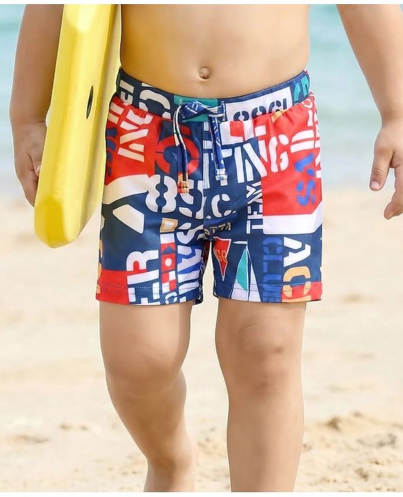 Babyhug Water Repellent Two Way Stretch Text Printed  Swimming Trunk - Navy Blue