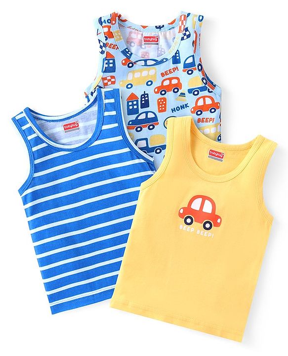 Babyhug 100 % Cotton Knit Sleeveless Sando With Vehicle Print Pack of 3- Multicolor