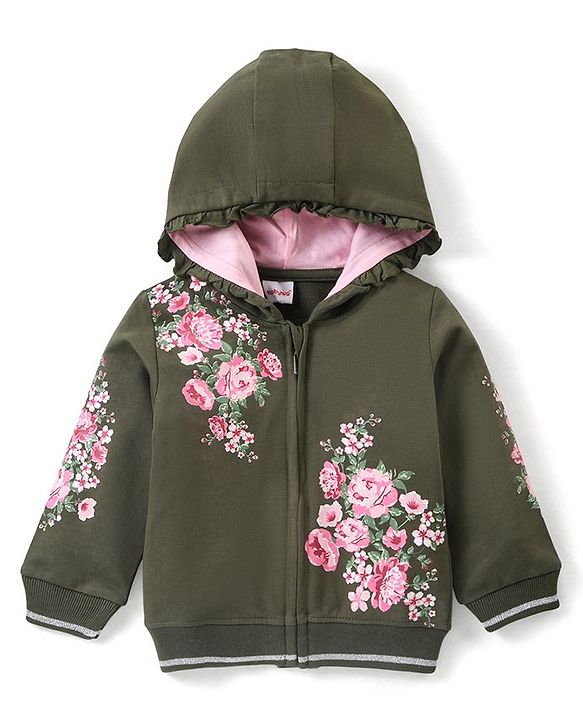 Babyhug Cotton Full Sleeves Front-Open Sweatjacket With Hood Floral Graphics - Olive Green