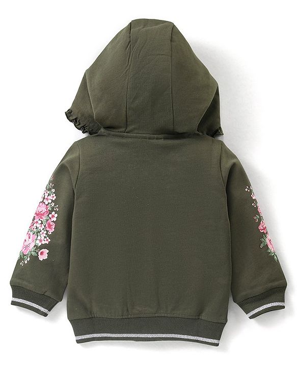 Babyhug Cotton Full Sleeves Front-Open Sweatjacket With Hood Floral Graphics - Olive Green