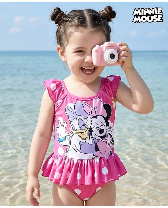 Babyhug Disney  Sleeveless Frock Swimsuit with Minnie Mouse Graphics- Pink