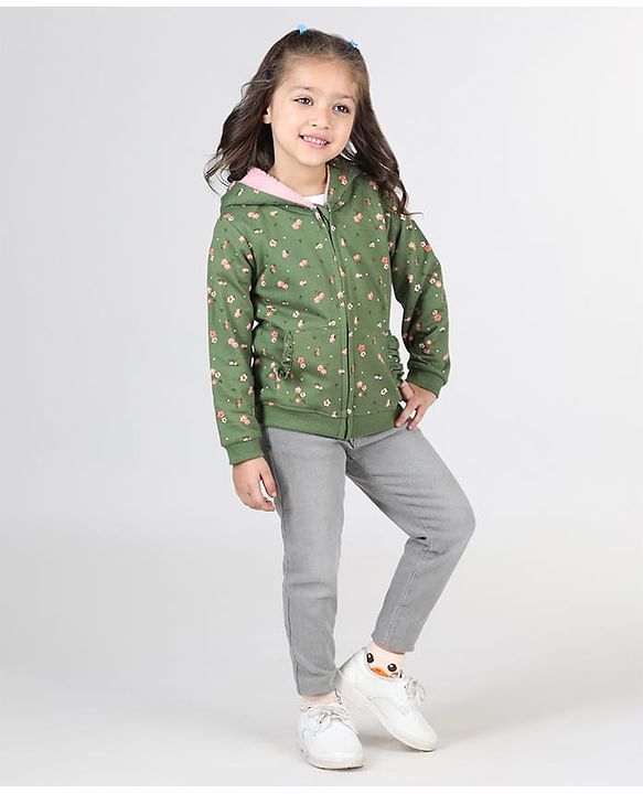 Babyhug Full Sleeves Front Open Sweatjacket With Hood Zipper & Frill Detailing Floral Print - Olive Green
