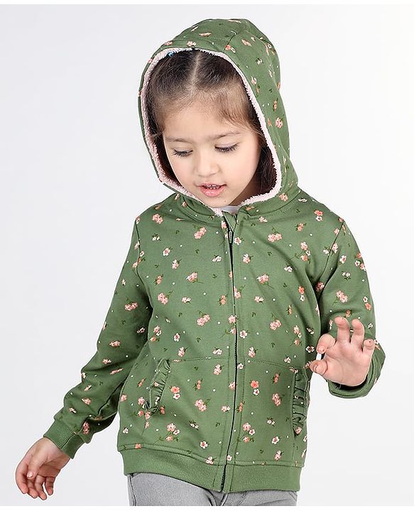 Babyhug Full Sleeves Front Open Sweatjacket With Hood Zipper & Frill Detailing Floral Print - Olive Green