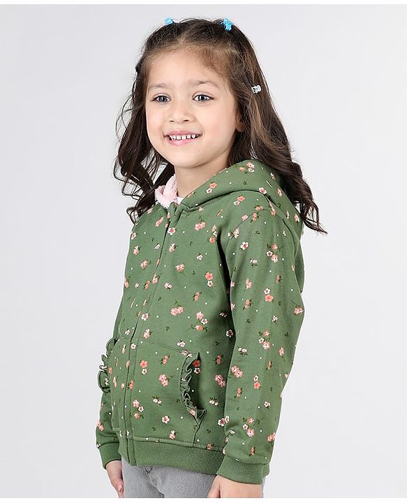 Babyhug Full Sleeves Front Open Sweatjacket With Hood Zipper & Frill Detailing Floral Print - Olive Green