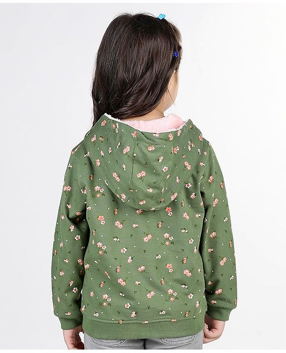 Babyhug Full Sleeves Front Open Sweatjacket With Hood Zipper & Frill Detailing Floral Print - Olive Green