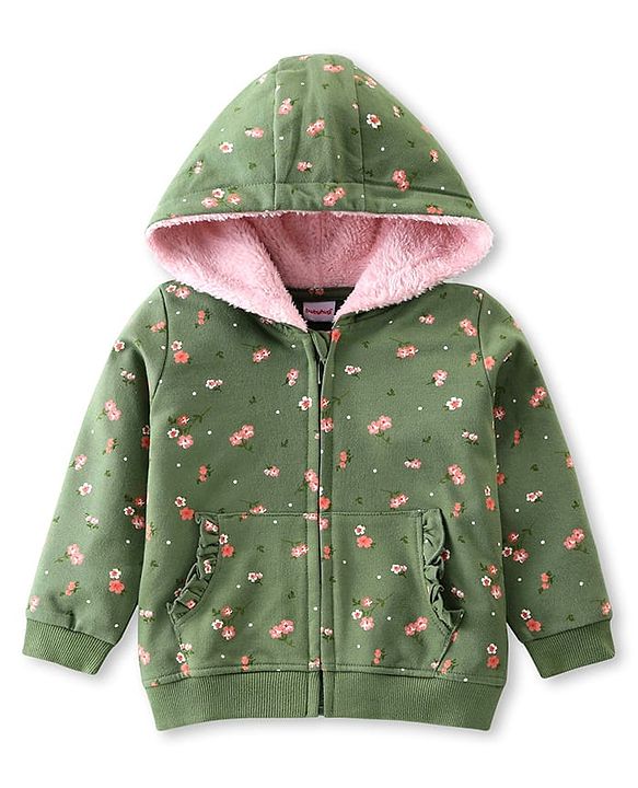Babyhug Full Sleeves Front Open Sweatjacket With Hood Zipper & Frill Detailing Floral Print - Olive Green