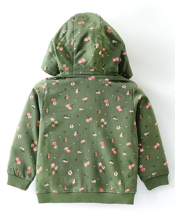 Babyhug Full Sleeves Front Open Sweatjacket With Hood Zipper & Frill Detailing Floral Print - Olive Green