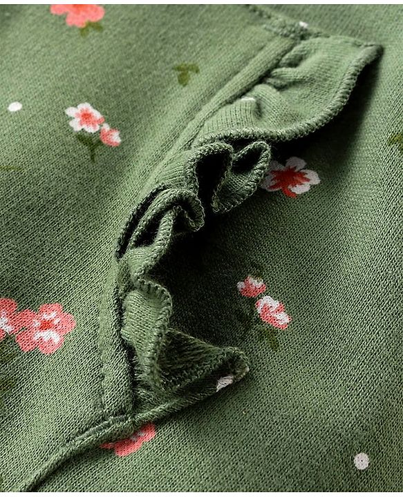 Babyhug Full Sleeves Front Open Sweatjacket With Hood Zipper & Frill Detailing Floral Print - Olive Green