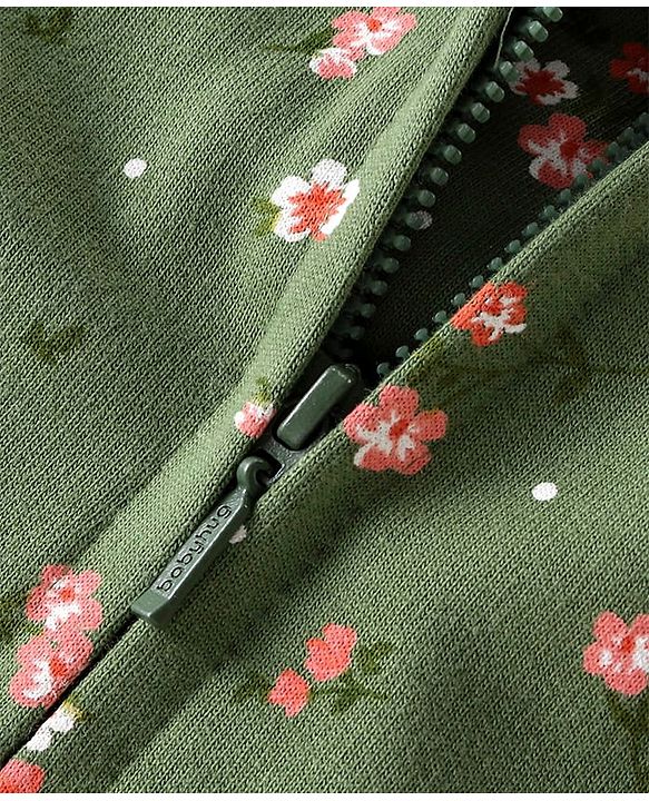 Babyhug Full Sleeves Front Open Sweatjacket With Hood Zipper & Frill Detailing Floral Print - Olive Green