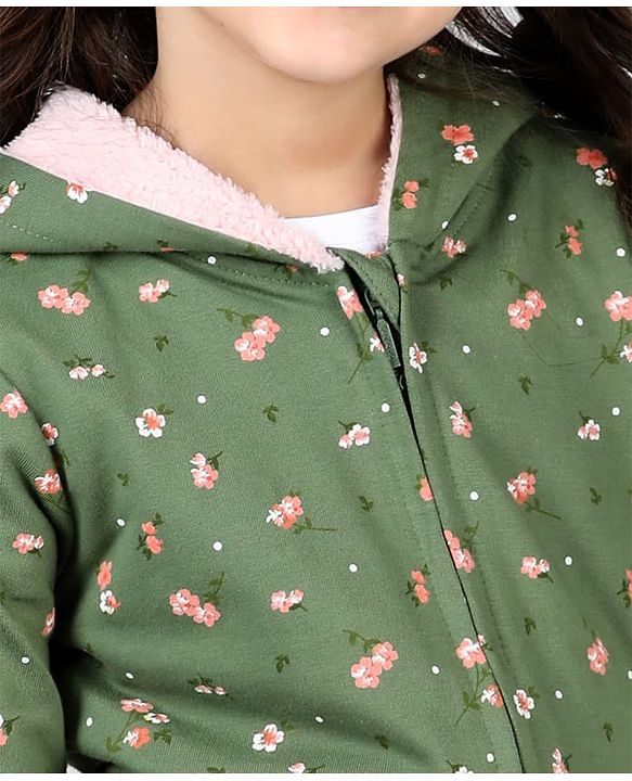 Babyhug Full Sleeves Front Open Sweatjacket With Hood Zipper & Frill Detailing Floral Print - Olive Green