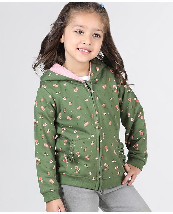 Babyhug Full Sleeves Front Open Sweatjacket With Hood Zipper & Frill Detailing Floral Print - Olive Green