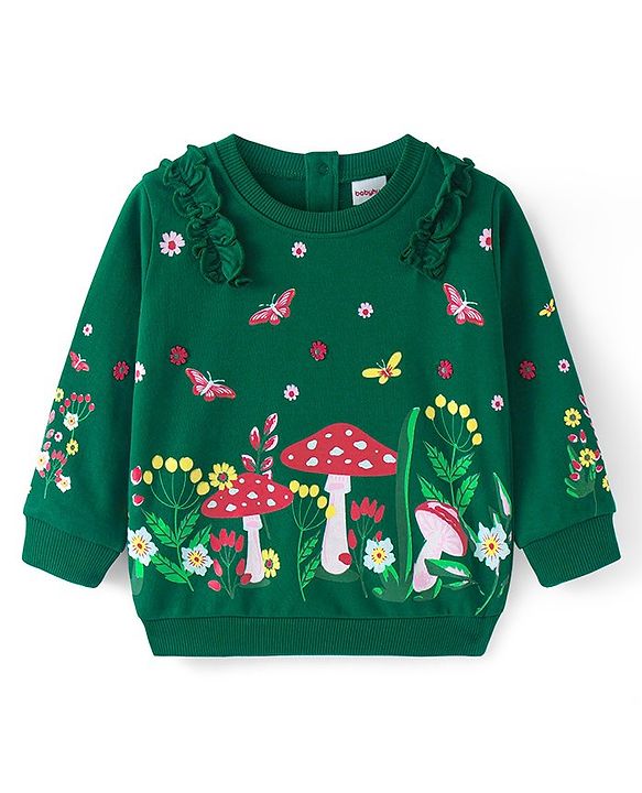 Babyhug Cotton Knit Full Sleeves  Sweatshirt With Butterfly Print & Frills Detailing - Green
