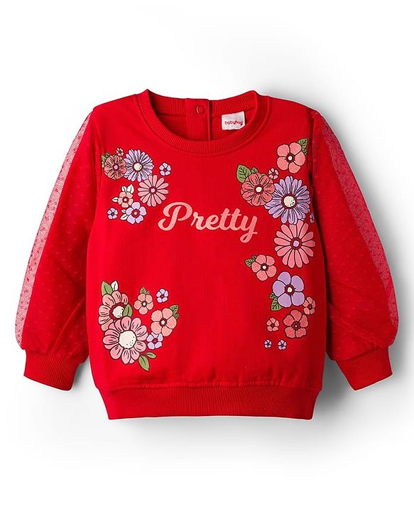 Babyhug Knit Full Balloon Sleeves Sweatshirt With Floral Graphics Foil Print & Mesh Detailing - Red