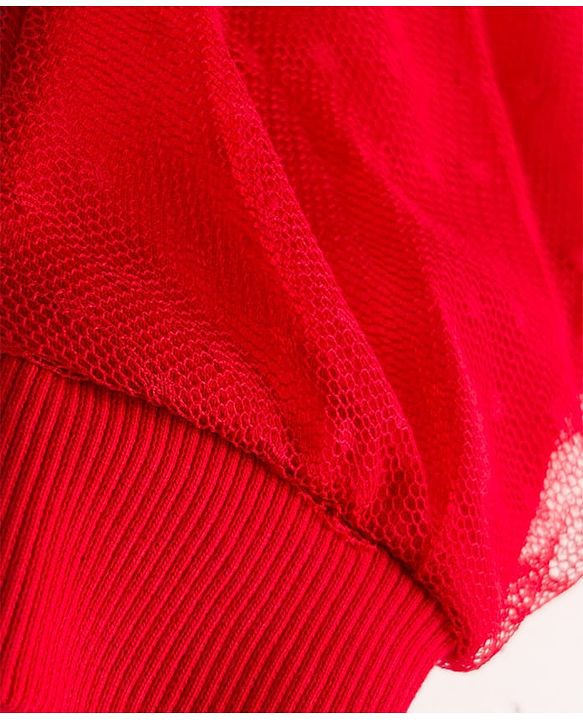 Babyhug Knit Full Balloon Sleeves Sweatshirt With Floral Graphics Foil Print & Mesh Detailing - Red