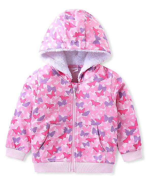 Babyhug Full Sleeves Front-Open Sweatjacket With Hood & Butterfly Graphics - Pink