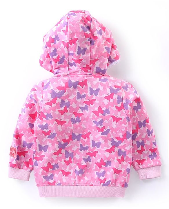Babyhug Full Sleeves Front-Open Sweatjacket With Hood & Butterfly Graphics - Pink