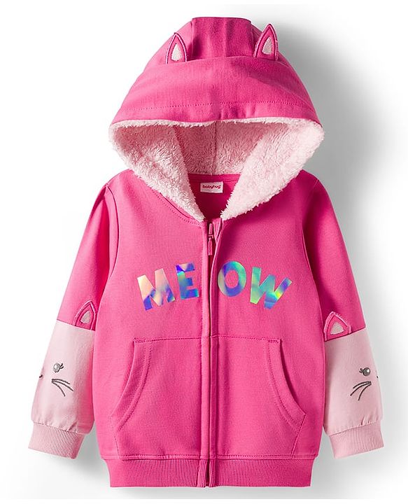 Babyhug Cotton Knit Full Sleeves Front Open Sweatjacket with Pocket Hood Zipper & Foil Detailing- Pink