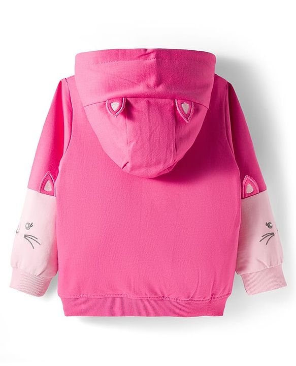Babyhug Cotton Knit Full Sleeves Front Open Sweatjacket with Pocket Hood Zipper & Foil Detailing- Pink