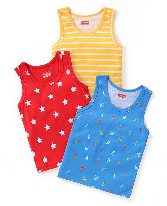 Babyhug 100% Cotton Knit Sleeveless Sando Stripes & Star Print Pack Of 3 - Yellow Blue & Red
