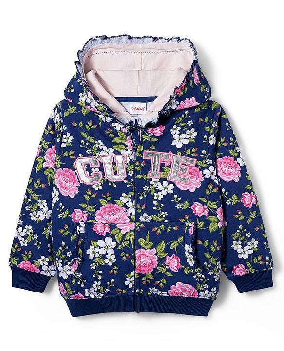 Babyhug Cotton Knit Full Sleeves Hooded Front Open Sweatshirt With Floral Print - Navy