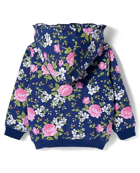 Babyhug Cotton Knit Full Sleeves Hooded Front Open Sweatshirt With Floral Print - Navy