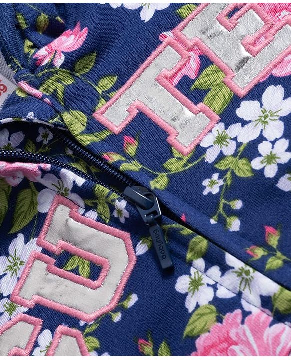 Babyhug Cotton Knit Full Sleeves Hooded Front Open Sweatshirt With Floral Print - Navy