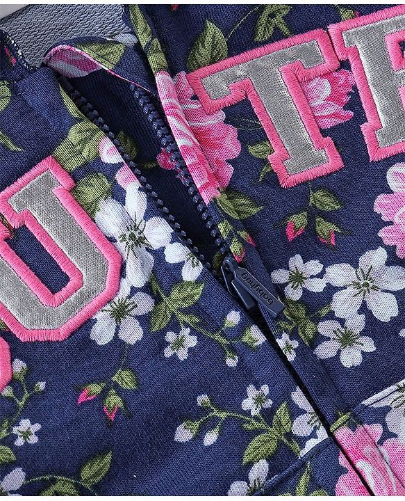 Babyhug Cotton Knit Full Sleeves Hooded Front Open Sweatshirt With Floral Print - Navy