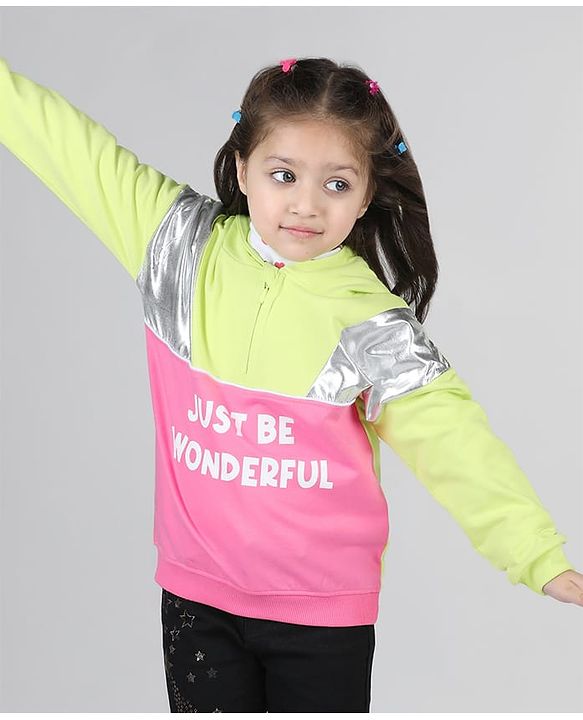 Babyhug Cotton Knit Full Sleeves Front Open Cut & Sew Hooded Sweat Shirt with Metallic Fabric & Zipper Detailing Text Print - Multicolour