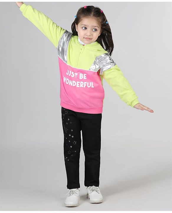 Babyhug Cotton Knit Full Sleeves Front Open Cut & Sew Hooded Sweat Shirt with Metallic Fabric & Zipper Detailing Text Print - Multicolour