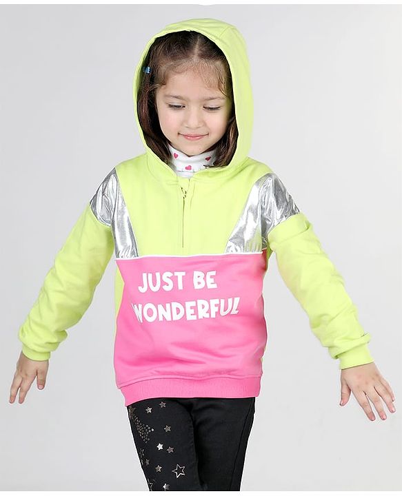 Babyhug Cotton Knit Full Sleeves Front Open Cut & Sew Hooded Sweat Shirt with Metallic Fabric & Zipper Detailing Text Print - Multicolour