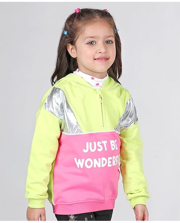 Babyhug Cotton Knit Full Sleeves Front Open Cut & Sew Hooded Sweat Shirt with Metallic Fabric & Zipper Detailing Text Print - Multicolour