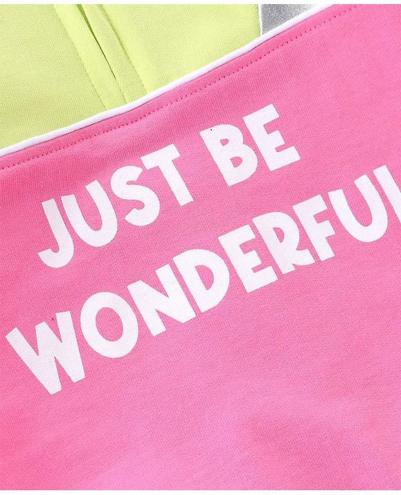 Babyhug Cotton Knit Full Sleeves Front Open Cut & Sew Hooded Sweat Shirt with Metallic Fabric & Zipper Detailing Text Print - Multicolour